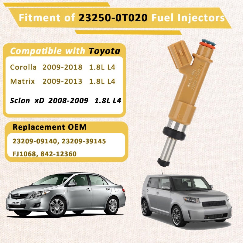 23250-0T020 حاقن الوقود عالي الأداء متوافق مع/تويوتا كورولا 1.8L 2009-2018 ماتريكس 1.8L 2009-2013 متوافق مع/Scion xD 1.8L 2008 2009 |12 فتحة| |مجموعة من 4| استبدال # 23209-09140 - Image 2
